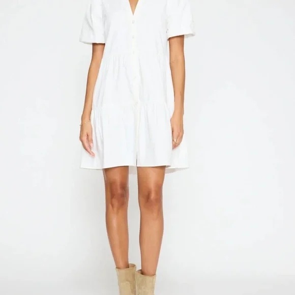 NWT Brochu Walker Havana Mini Dress White Tiered Puff Sleeve Button Front Large - Picture 4 of 16